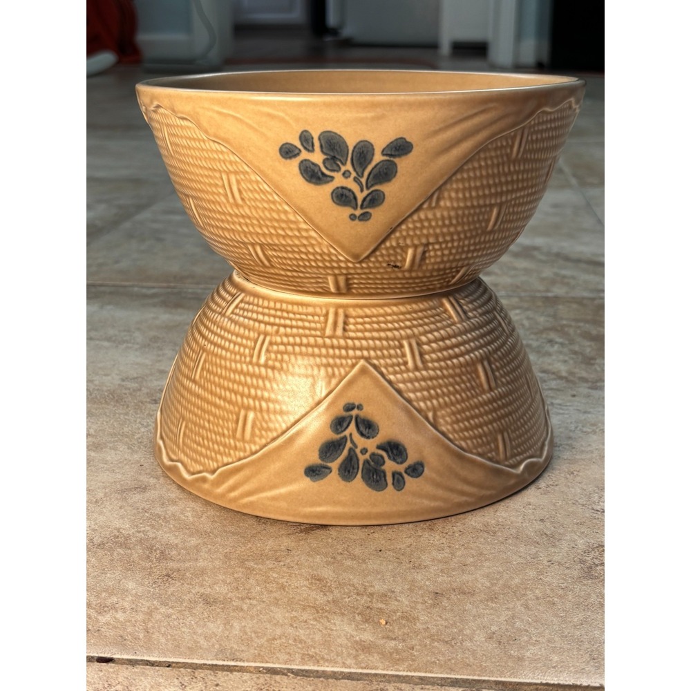 Vintage Pfaltzgraff Folk Art Basket Weave Serving Bowl Set Tan Blue USA 7.25"